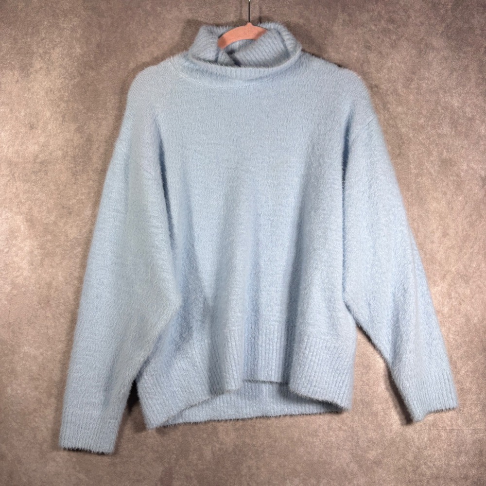 CALIA Sweater Women Medium Blue Turtleneck Fuzzy Eyelash Knit Cozy Winter Casual